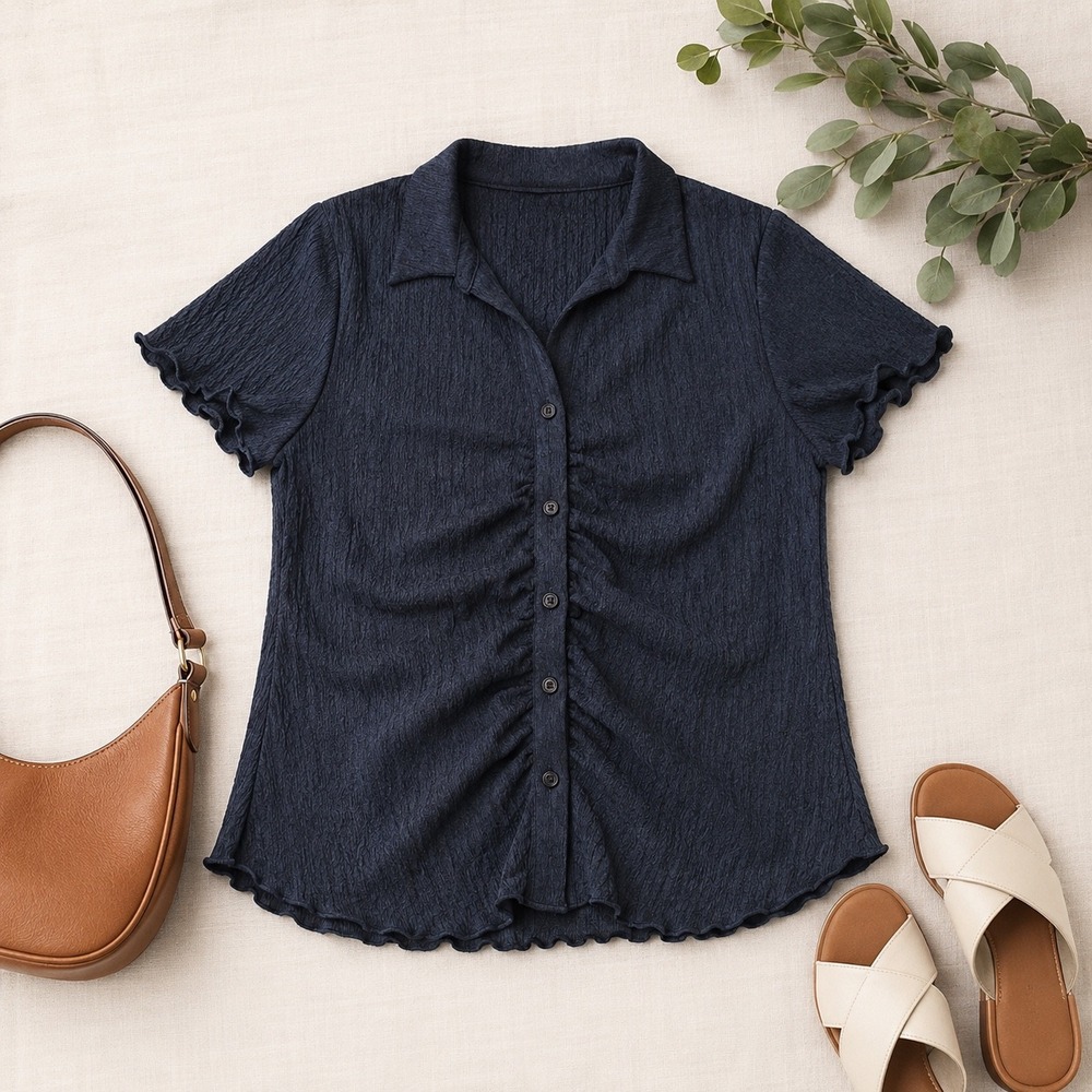 Sanctuary Ruched Front Top Womens Large Navy Blue Plisse Lettuce Edge T19171PB